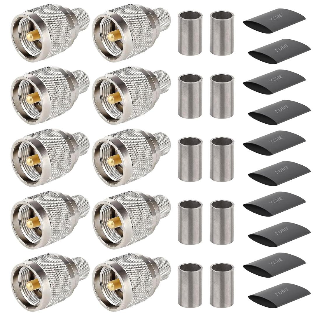 XRDS -RF PL259 UHF Male Coax Connectors 10PCS, PL259 Crimp Connector Kit for 50 Ohm LMR400 RG8 RG213 9913 Coaxial Cable, Ideal for Antenna, Radio, and Communication Systems
