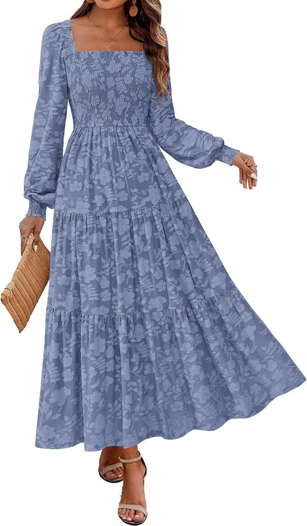 KIRUNDO Wedding Guest Dresses for Women 2026 Spring Summer Long Sleeve Smocked Floral Flowy Baby Shower Maxi Dress Pockets (Blue, M)