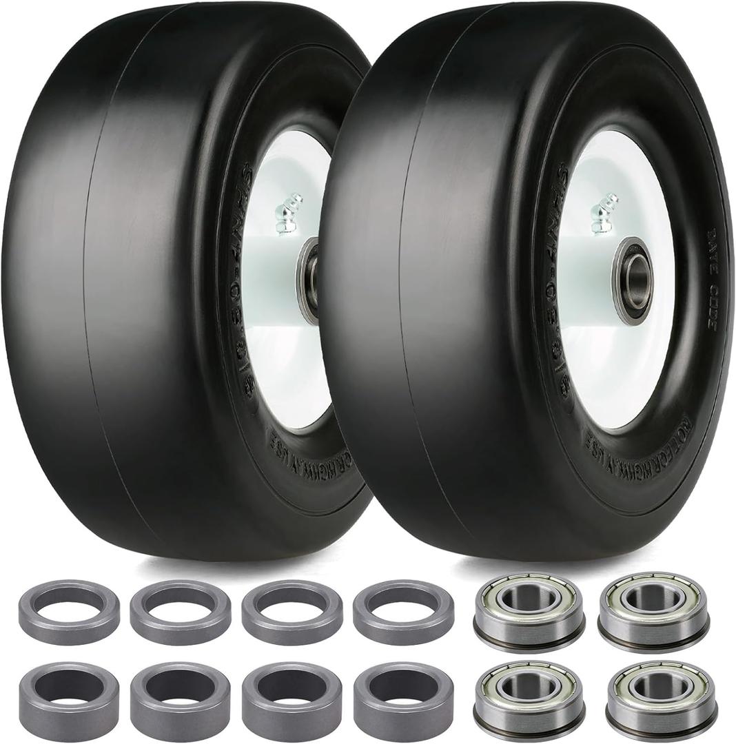 2Pcs 9x3.50-4 "Flat Free Tire, Lawn Mower Tire, with 3.5" Centered Hub, 3/4& 5/8 Bearings, 2/5"& 1/5" Metal Spacers, 3.5"-4"-4.5"-5" Centered Hub, Smooth Tread Tire for Zero Turn Mowers