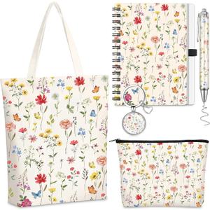 5 Pcs Wildflower Themed Gifts Set for Women Include Aesthetic Canvas Tote Bag Zipper Makeup Bag Keychain Notebook Pen for Flower Lover Party Favors Gift for Birthday Valentine Christmas