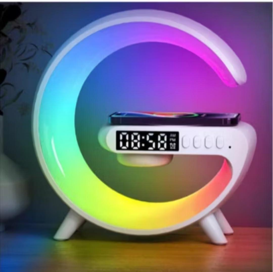 BKDRL Bluetooth Speaker Lamp with Wireless Charger, RGB Night Light, Alarm Clock, App Control  White