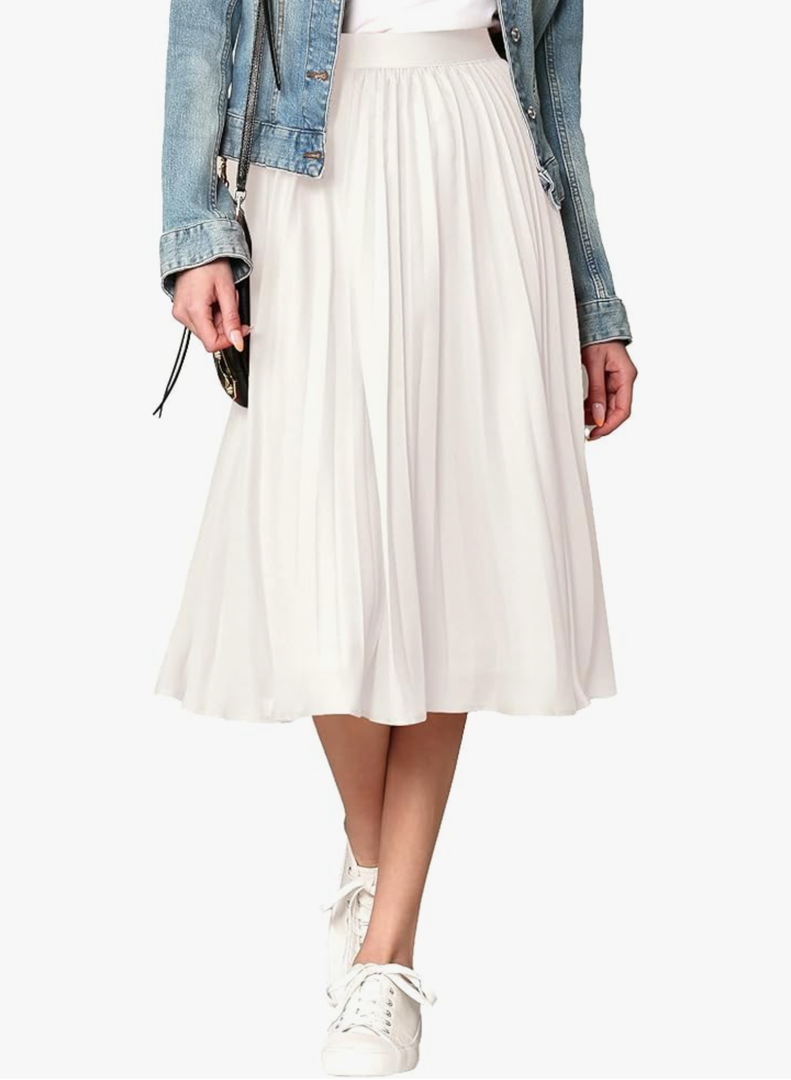 Made By Johnny Women's High Elastic Waist Pleated Mid A-Line Swing Skirt L