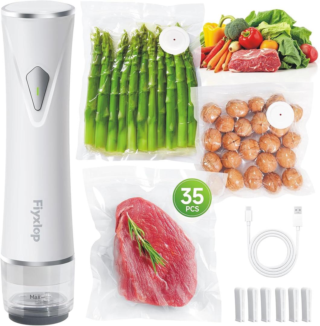 Fiyxlop Handheld Vacuum Sealer, Premium Vacuum Sealer for Food + 35 Reusable Sous Vide Bags, Powerful Vacuum Food Sealer for Kitchen, Home, BBQ, Travel