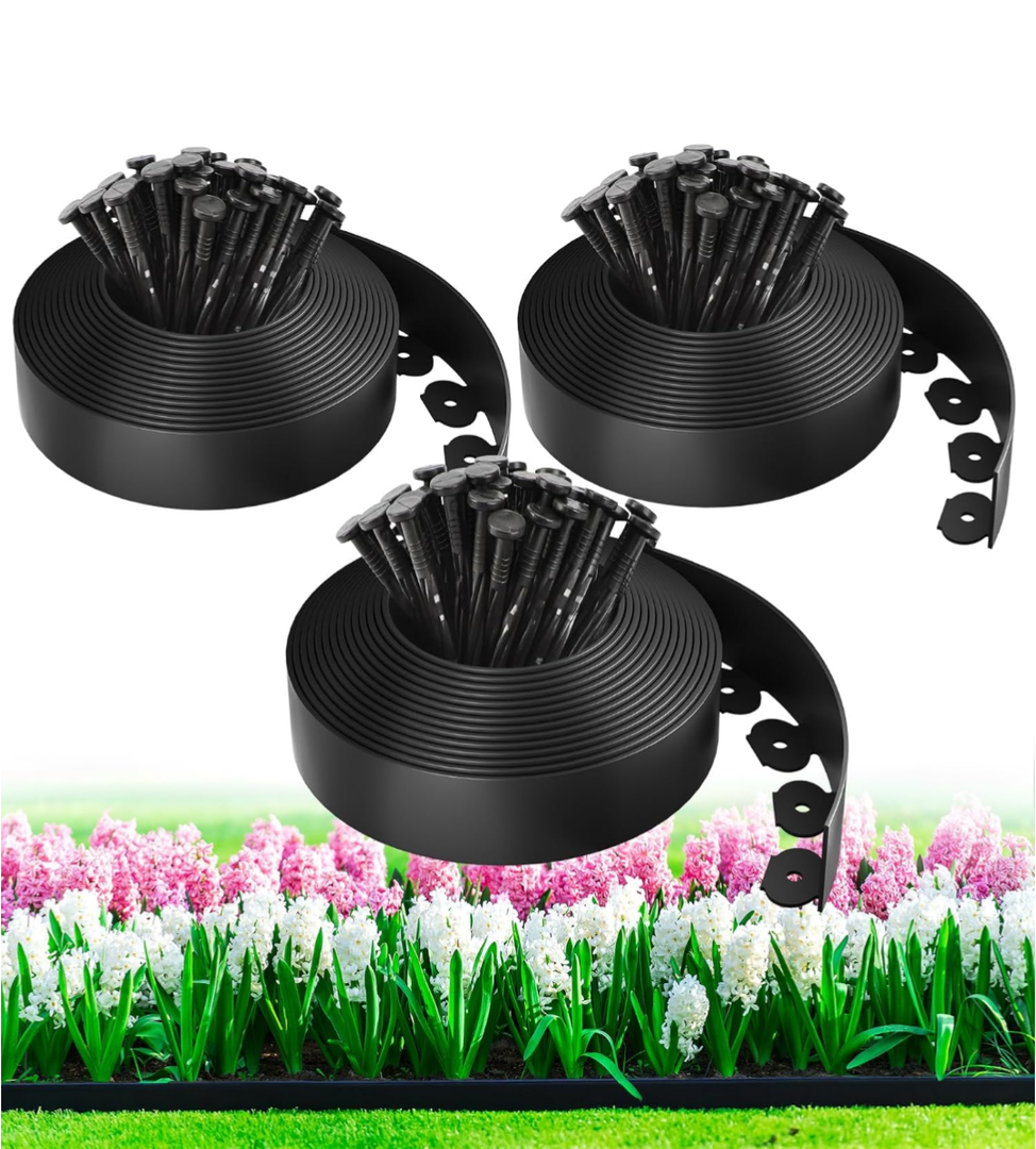 100ft,1.5in Tall Landscape Edging Kit with 150 Spikes, No-Dig Flexible Plastic Edge Border for Landscaping, Lawn, Garden, Flower Beds, Yard, Paver, Playground, Fence, Pathway, Black,3 pack, 33ft Each