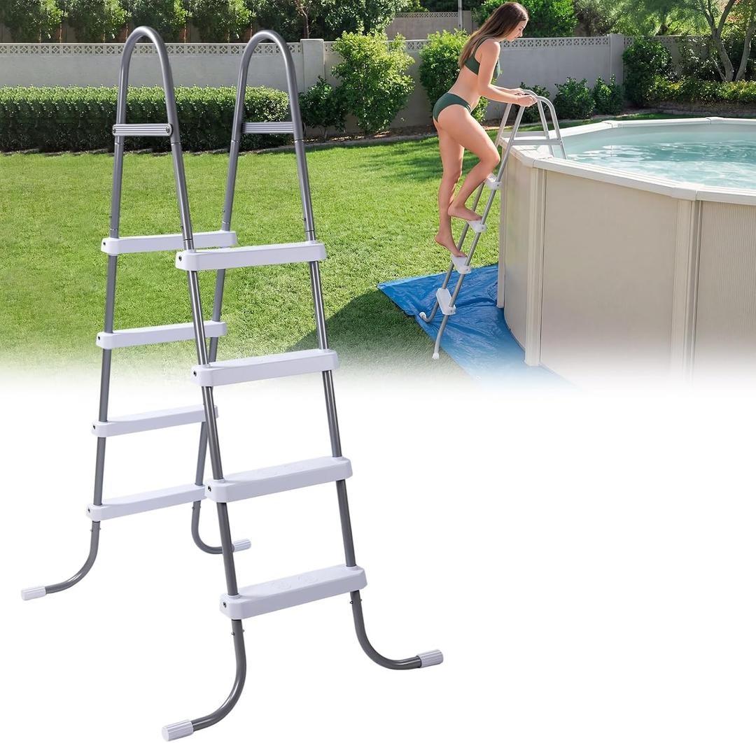 Threlaco 52 Inch Above Ground Pool Ladder 4 Step Steel Frame Swimming Pool Entry Exit Ladder Non Slip Metal Frame Steps, Weight Capacity 300lbs(Grey and White)