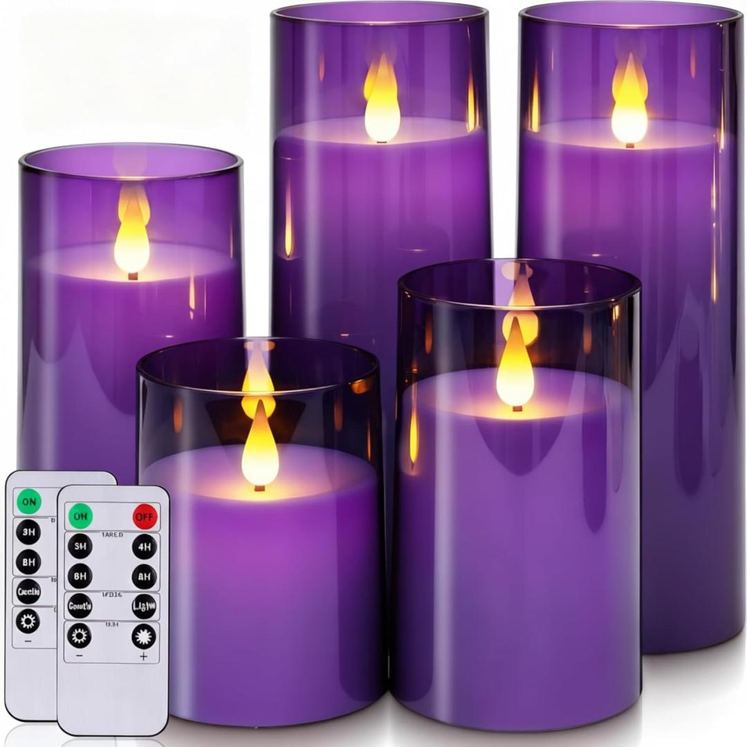 Homemory Purple Flickering Flameless Candles, Battery Operated Acrylic LED Pillar Candles with Remote Control and Timer, Purple Decor, Set of 5