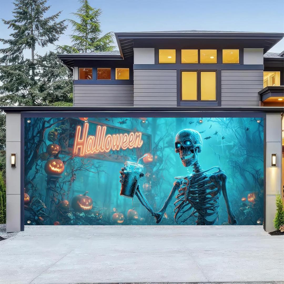 HOMETITUTE Halloween Garage Door Cover 13x6ft Scary Skeleton Night Scene Garage Decoration Outdoor Halloween Banner Spooky Pumpkin Backdrop for Haunted House Yard Trick or Treat Door Decor