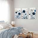 3Pcs Flower Canvas Wall Art Navy Blue Wildflower Wall Decor Pictures Modern Watercolor Boho Botanical Floral Posters Prints for Bedroom Living Room Home Decoration 16x24in