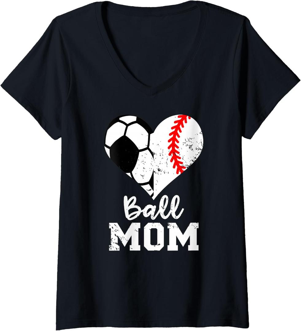 Womens Ball Mom Heart Funny Baseball Soccer Mom V-Neck T-Shirt (Black, S)