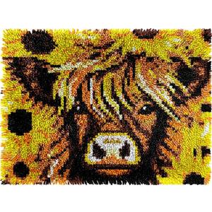 Highland Cow & Sunflowers Latch Hook Kits Rug DIY Cushion Tapestry Making Crochet Hook Mat Making Kits Color Preprinted Pattern Canvas DIY Carpet Needlework Crochet Kits 52x38cm (d99-114)