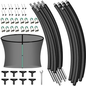 8PCS Trampoline Curved Pole and 14FT Trampoline Replacement Net, Universal Trampoline Enclosure Net with Replacement Pole, Plastic T Connector & Fiberglass Rods Fits 14" Round Frame with 8 Curved Pole
