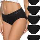 Womens Cotton Underwear 5-Pack - Breathable Lace Bikini Panties, Full Coverage Ladies Underwear Soft Combed Cotton (XX-Large, Black)