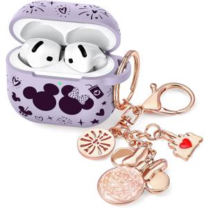 (with Cute Keychain) Girovo Compatible with AirPods Pro 3 Case (2025) Women, Soft Silicone Two-Tone Funny Cartoon Engraved Portable 360 Full Protection Case for Airpod Pro 3rd Gen Lavender/Purple