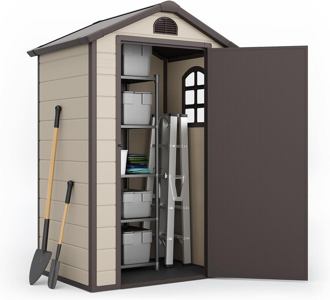 Outdoor Storage Shed 4x3 ft, Resin Sheds & Outdoor Storage, Patio Furniture Shed with Lockable Door, Outdoor Sheds Garden Tools, Bikes, BBQ Grills, Pool Accessories for Backyard, Patio