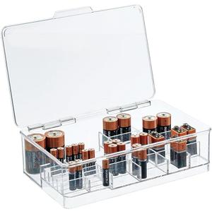 mDesign Plastic Large Stackable Divided Battery Storage Organizer Box with Hinged Lid for AA, AAA, C, D, 9 Volt Sizes, Great Storage for Kitchens, Home Offices, and Utility Rooms - Clear