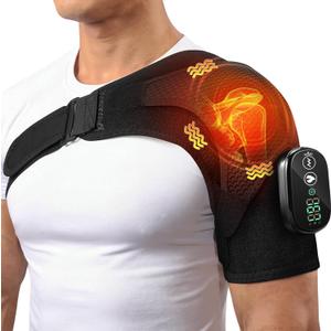 Cordless Heated Shoulder Massager, Portable Shoulder Brace Heating Pad with 3 Heat & Vibration Heated Shoulder Wrap Brace for Men Women