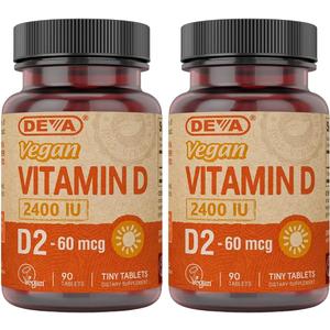 DEVA Vegan Vitamin D2 60 mcg 2400 IU, Ergocalciferol Supplement with No Animal Ingredients, 90 Tablets (Pack of 2)
