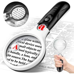Compact Magnifying Glass with Lights,45X 10X 5X Small Handheld Lighted Magnifier, 3 LED Light Magnifying Glass for Reading Small Prints & Low Vision Seniors B&W