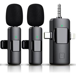 4 in 1 Mini Microphone Wireless Lavalier Microphone for iPhone Android Computer Laptop Camera USB-C,2.4G Ultra-Low Delay,Noise Reduction,Double Lapel Microphone for YouTube TikTok Vlog