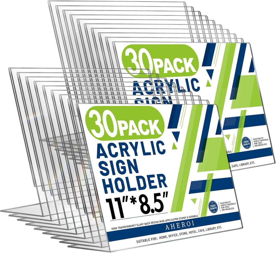Aheroi 30Pcs Acrylic Sign Holder 8.5 x 11, L-shape Clear Sign Holders, Horizontal L-shape Acrylic Paper Holder, Plastic Table Sign Holders, Plastic Paper Holder Display Standing for Office Home School