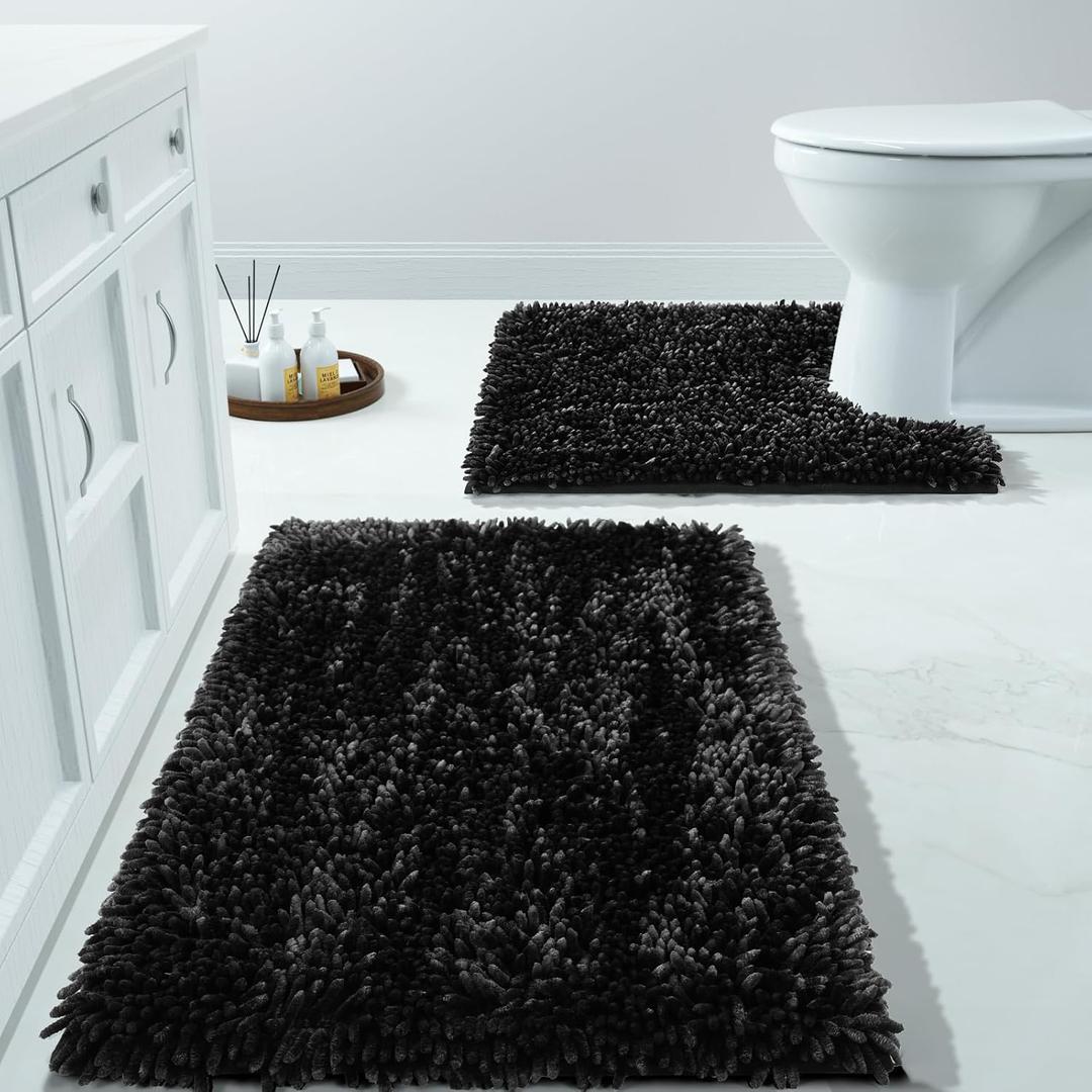 Yimobra Bathroom Rugs Sets 2 Piece, Luxury Shaggy Extra Thick Bathroom Rugs, Plush Non-Slip Mats for Bath Room Floor, U-Shaped Toilet Mat, Ultra Absorbent, 31.5 x 19.8 + 24.4 x 20.4 Inches, Black