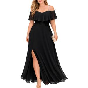 Pinup Fashion Women Plus Size Bridesmaid Dresses - Off The Shoulder Formal Wedding Guest Bridal Shower Long Dress (Black)
