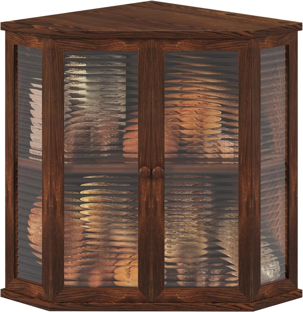 Extra Large Corner Bread Box for Kitchen Countertop, 16.5 Inch Charred Pine 2-Tier Breadbox with Glass Wavy Door Panel, Vintage Farmhouse Style Wood Design (Pine Wood) (Brown)