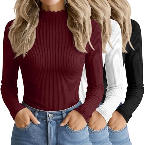 Oakgarden 3 Pack Women's Cotton Long Sleeve Mock Turtleneck Tops Ribbed Lettuce Trim Slim Fit Shirts Thermal Base Layer, Medium (Burgundy, Black, White)