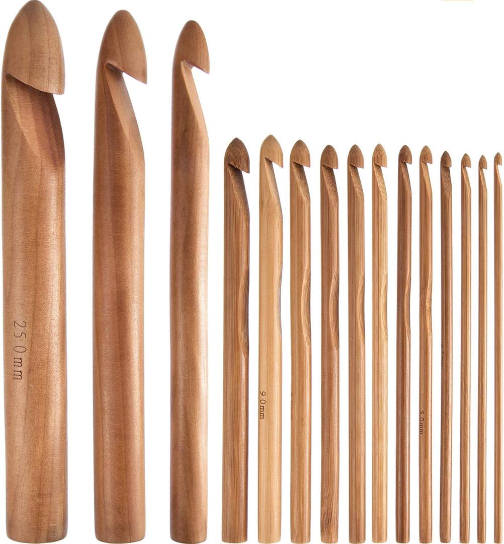 Hestya 15 Pieces Wooden Bamboo Crochet Hooks Set 3 to 25 mm in Diameters Handcrafted Knitting Needles Weave Yarn Craft