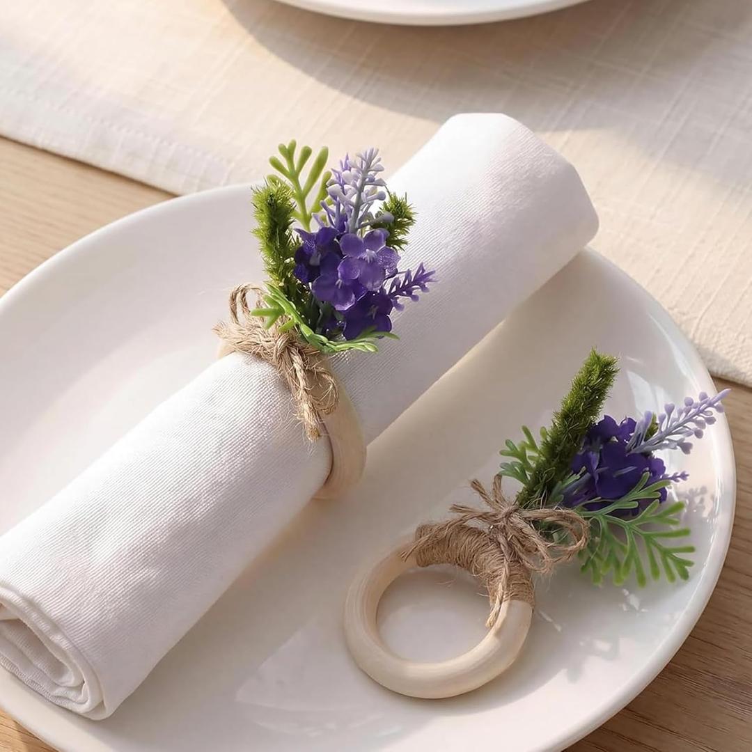 Flower Napkin Rings Set of 12 Wooden Purple Lavender Flowers Handmade Napkin Holders for Wedding Mother's Day Birthday Dinner Luncheons Picnics Banquet