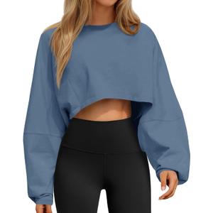 Tankaneo Womens Long Ballon Sleeve Sweatshirts Tops Cropped Crew Neck Loose Fit Casual Workout Shirts (Large, Navy)