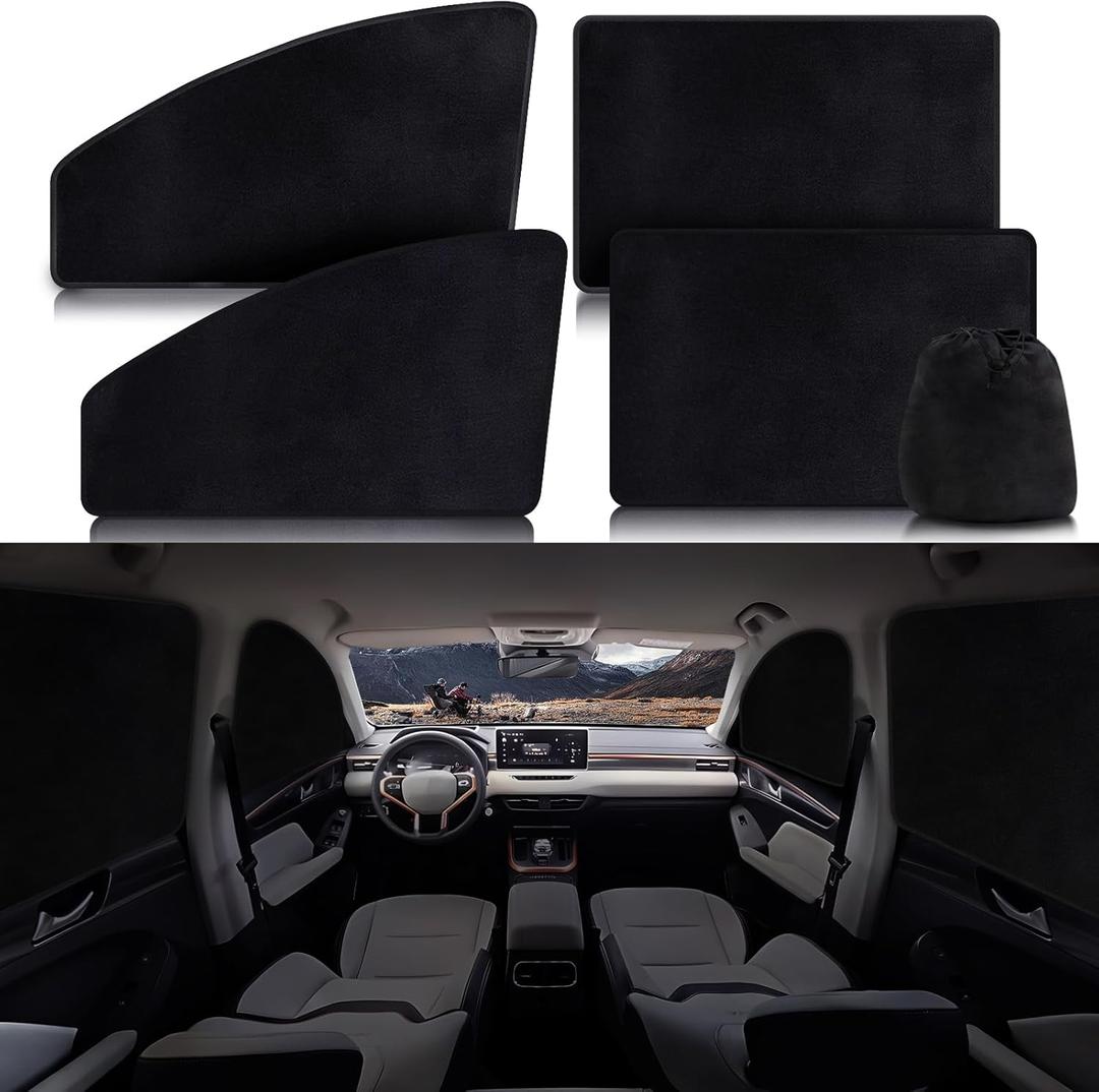 ZATOOTO Suede Car Window Shades 4PCS - Car Window Covers for Ultimate Privacy, UV Protection, and Heat Insulation, Side Window Sun Shade Perfect for Camping, Travel, Baby Safety, and Daily Use (Black Suede FlatFull Set 4PCS)
