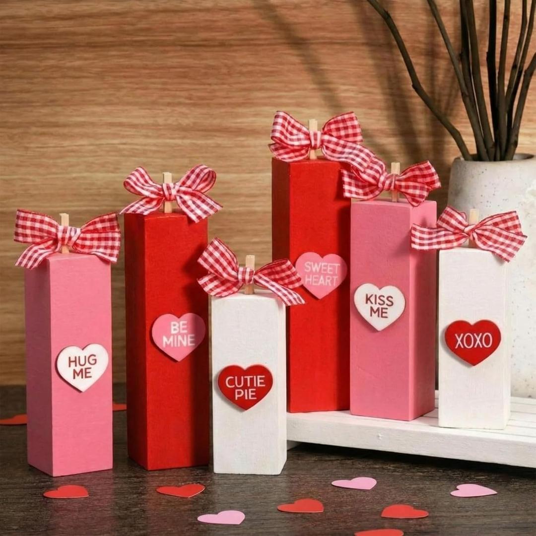 Tradder 6 Pcs Valentine's Day Table Decorations Valentines Table Block Sign Wooden Tiered Tray Decor Love Sign Tabletop Centerpieces, Hug Kiss Me- Gifts for Anniversary Home Wedding Party Supplies