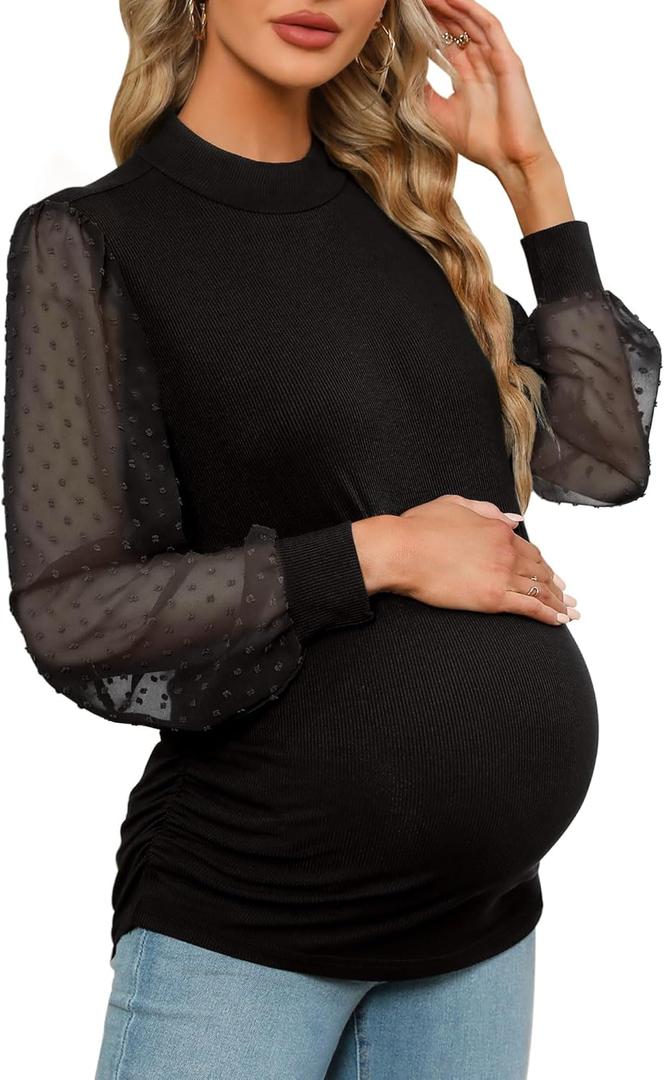 Women's Maternity Shirt Long Sleeve Top Swiss Dot Mock Neck Ribbed Knit Striped Ruched Side Blouse (Medium, Black)