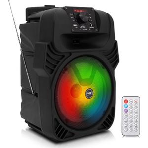Pyle 8" Portable Bluetooth PA Speaker - 500W Rechargeable Indoor/Outdoor Karaoke Machine Sound System - Multi-Color LED Party Lights, Mic Input, FM Radio, MP3/USB & Remote Control (Black)
