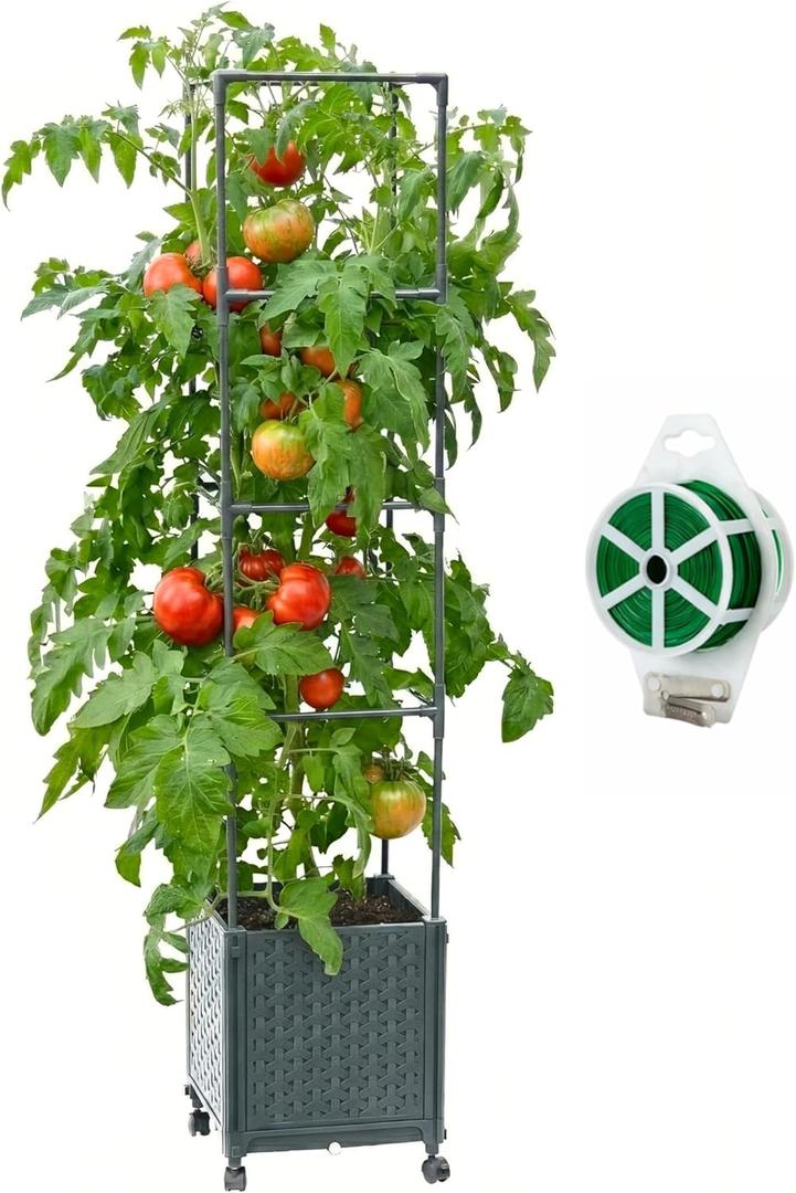 Raised Garden Bed Tomato Planter Box with Trellis, 56.7" Tomato Planters Cage w/Self-Watering for Climbing Plants Vegetables, Patio Indoor Outdoor (12.4*12.4*56.7 inch)
