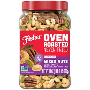 Fisher Oven Roasted Never Fried Mixed Nuts with Peanuts, 24 Ounces (Pack of 1), Peanuts, Almonds, Cashews, Pistachios, Pecans, Trail Mix, Healthy Snacks for Adults, Made With Sea Salt, No Added Oils (EXP 02/26/26)