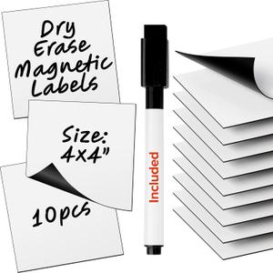 Dry Erase Magnetic Labels - Reusable Sticky Notes - Magnetic Notepads for Refrigerator - Dry Erase Magnetic Sheets - Blank Magnet Stickers to Write On - Magnets for Whiteboard Classroom Fridge (10 PCs (4"x4"))