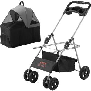 VEVOR Pet Stroller, 4 Wheels Dog Stroller with Brake, 35lbs Weight Capacity, Lightweight Foldable Portable Folding Carrier, Storage Basket and Cup Holder, for Dogs and Cats Travel, Black+Dark Grey