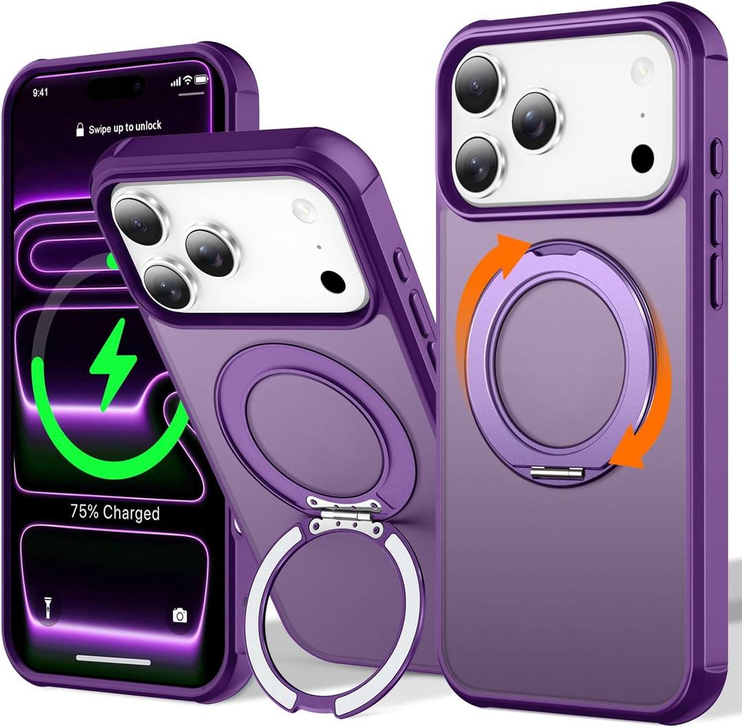 UMIONE 360 Rotatable Magnetic Ring Design for iPhone 17 Pro Max, Built-in Invisible Loop Stand, Compatible with Magsafe, Translucent Ultra Slim Military Grade Shockproof Case - Purple