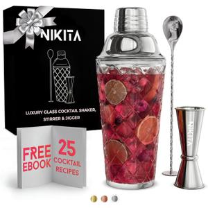 NIKITA by Niki Glass Cocktail Shaker Set, 5-Piece Martini Shaker & Bartender Kit with Bar Accessories Strainer, Jigger, Spoon & Muddler, Silver 16oz Drink Mixer with Bartender Accessories