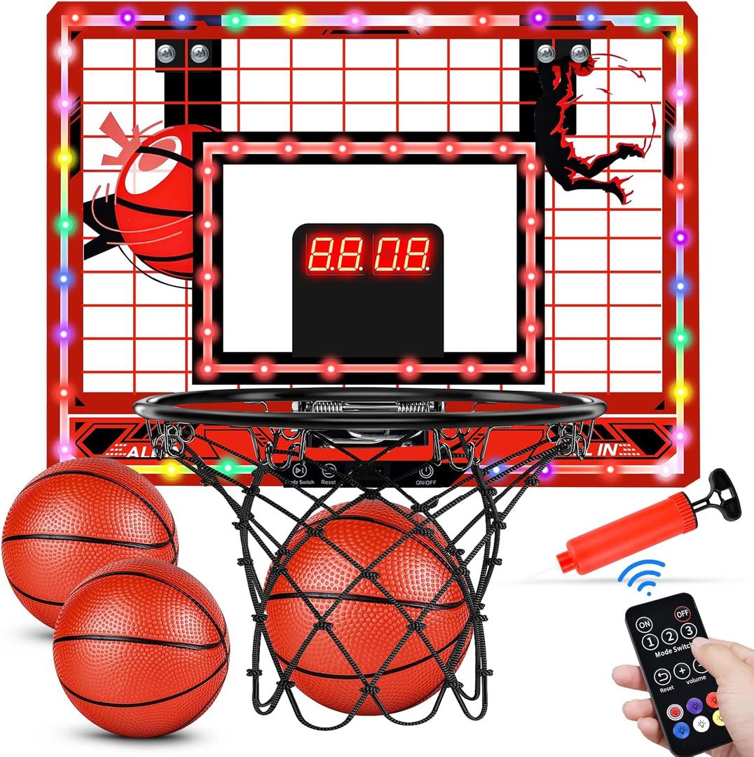 Basketball Hoop Indoor for Kids-Over The Door Mini Basketball Hoop with LED Light, Scoreboard, Remote Control and 3 Modes & Balls-Boys Girls Toys for Ages 3 4 5 6 7 8 9 10 + Years Old Birthday Gifts
