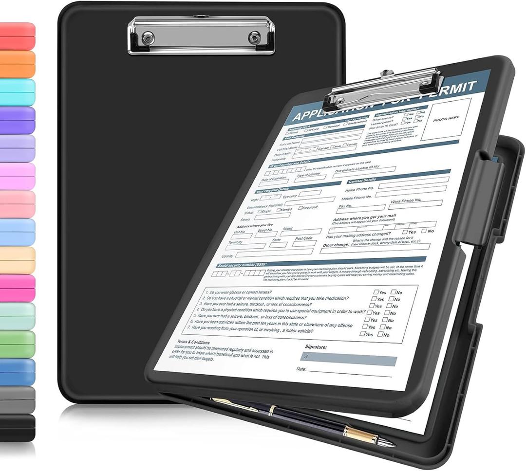 ANZNKU Clipboards with Storage, 13x9.6 Heavy Duty Nursing Clipboard Foldable, Plastic Storage Clipboard with Pen Holder, Cute Clip Board Folder for Teacher Nurse Work, School & Office Supplies(Black)