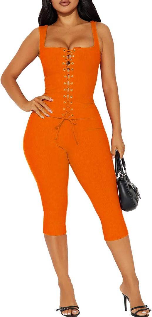 2 Piece Sets for Women Sexy Ribbed Crop Tops High Waist Bodycon Capri Pants Womens Summer Outfits Clubwear (Orange, M)