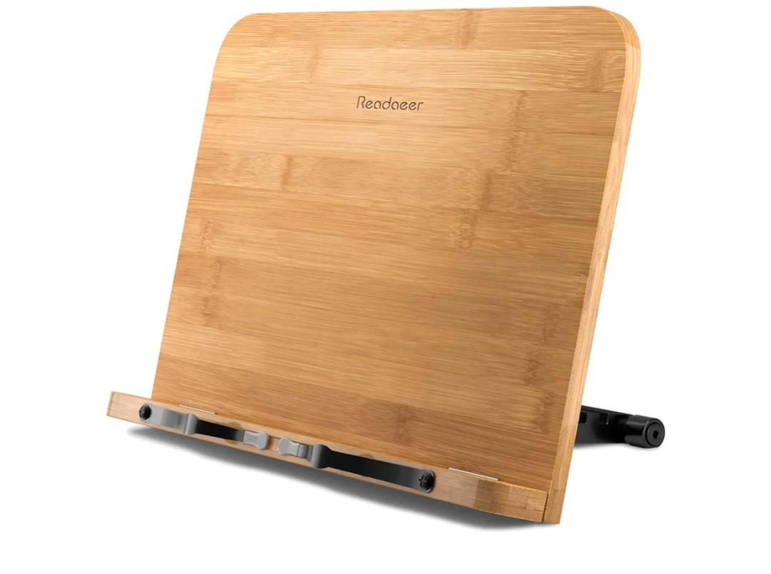 Readaeer Bamboo Book Stand, Large Book Holder with 6 Adjustable Height, Foldable Cookbook Stand Desktop Document Holder for Kitchen & Office (13.4 x 9.3 Inch)