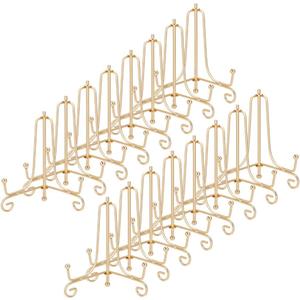 16 Pcs Iron Plate Stands for Display, 4.09 Inch Golden Easel Display Stand Vintage Plate Holder Card Plate Stands Foldable Photo Holder for Home Table Canvases Party