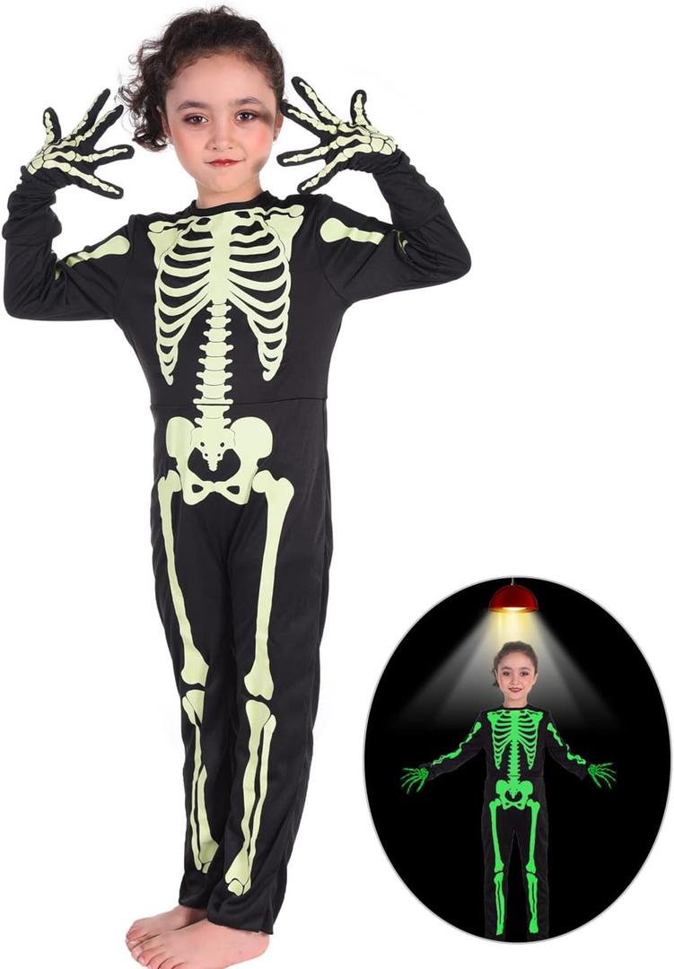 Kids Skeleton Costumes Halloween Costume Glow in The Dark Child White Bones Stretch Body Suit for Boys Girls (6T(Suit for 4-6 years), Black)