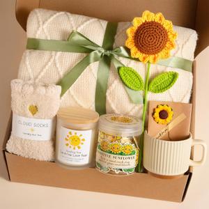 Sunflower Birthday Gift Baskets for Women-Sending Sunshine Self Care Get Well Soon Care Package W/Blanket, Unique Thinking of You Gifs for Mom Sister Her Friends Wife Grandma, Valentines Mothers Day