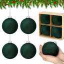 4 PCS Green Velvet Christmas Balls Ornaments Christmas Tree Decorations 3.9 Inch Flocked Christmas Hanging Balls for Xmas Decorative Hanging Ornaments Holiday Party Family Gathering (Dark Green)