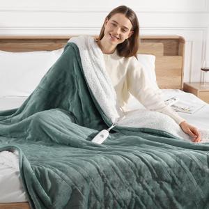 Electric Throw Blanket Green Heated Blanket 50X60in, Ultra Soft Silky Flannel and Fluffy Sherpa Heating Blanket with 5 Heat Levels & 4 Hrs Timer, ETL Certified & Overheat Protection, Gifts for Grandma